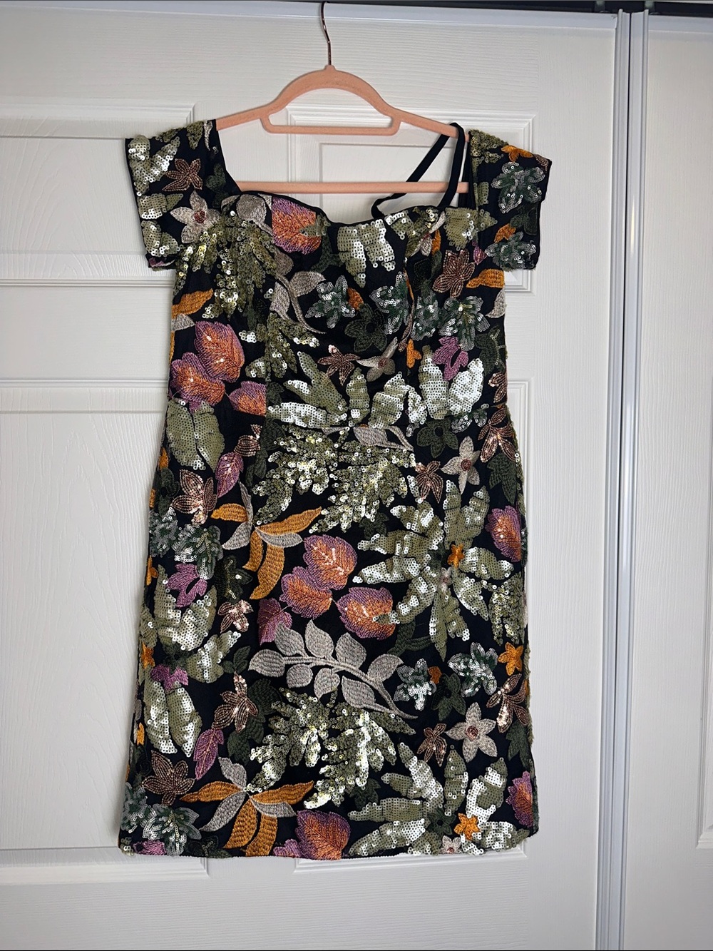 Embellished Floral Sequin Mini Dress - Black Base with Multicolor Flowers